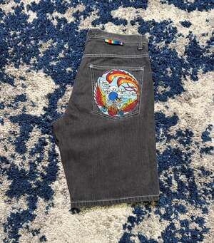 Vintage Y2K Baggy Skater Denim Jean Shorts with Phoenix Embroidery, Size 38